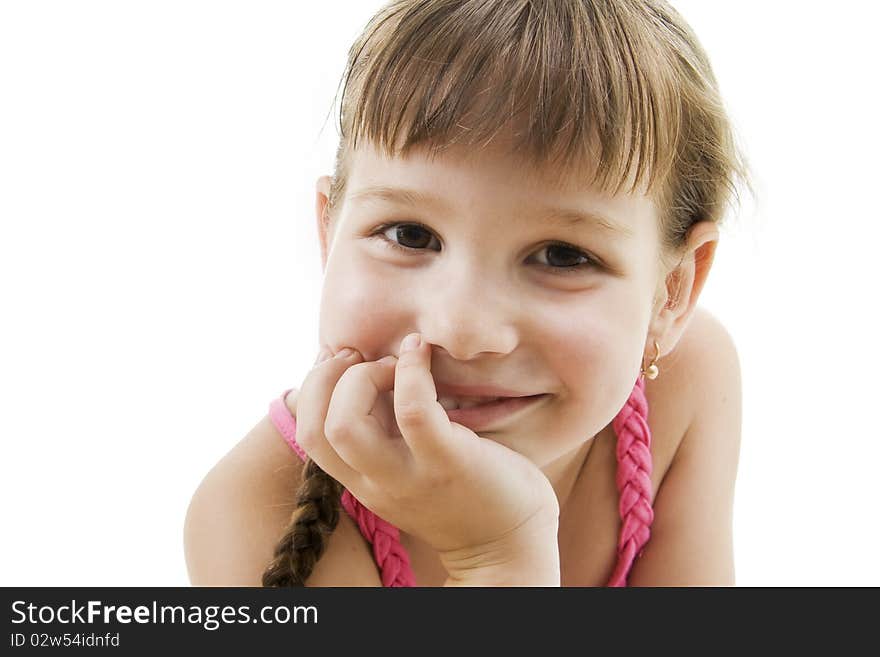 Fan little girl smiling. Isolated white.