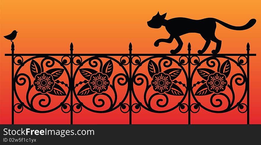 The Cat is hunting for the little bird sitting on the decorative fence. Silhouette  illustration. The Cat is hunting for the little bird sitting on the decorative fence. Silhouette  illustration.