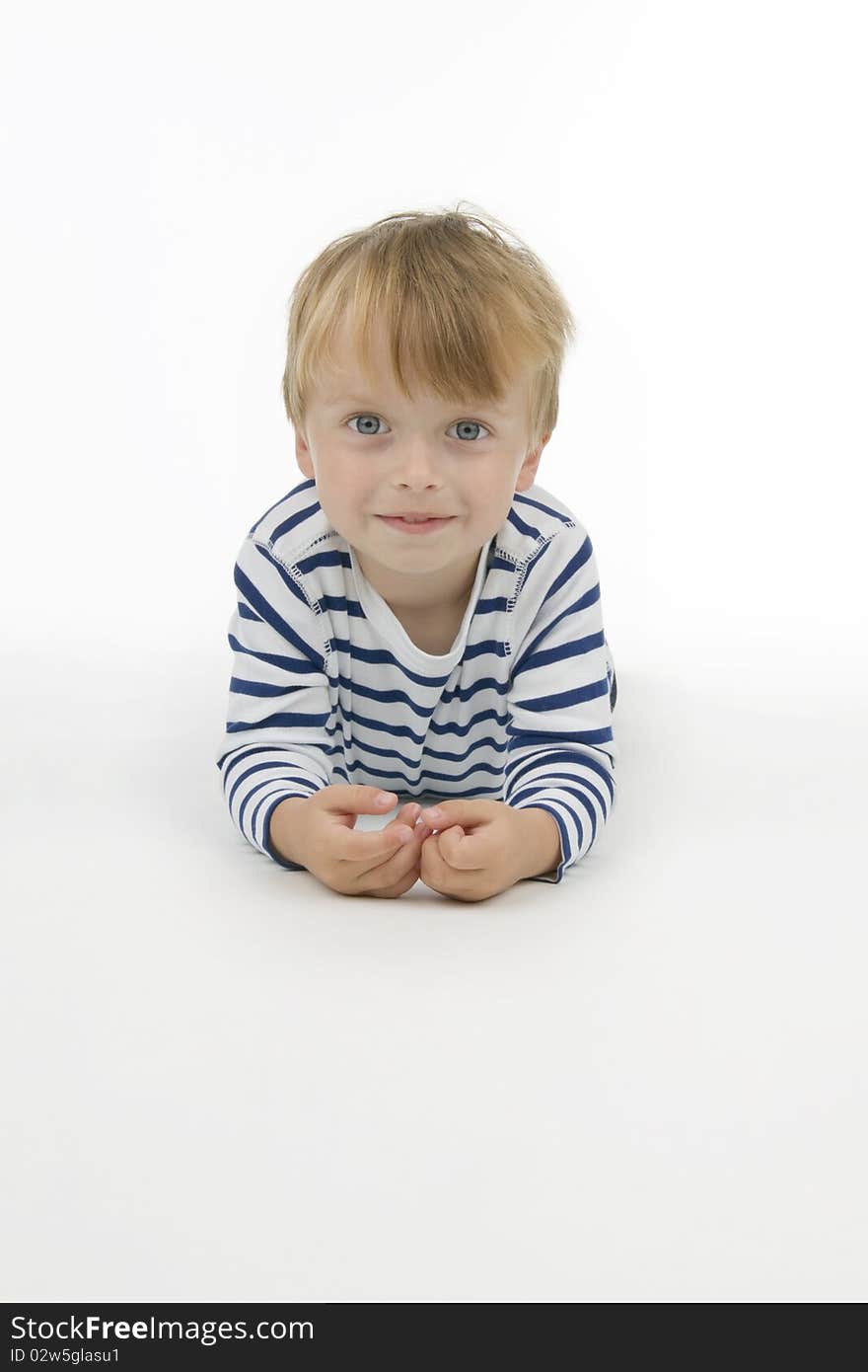 Boy lay, on white background.