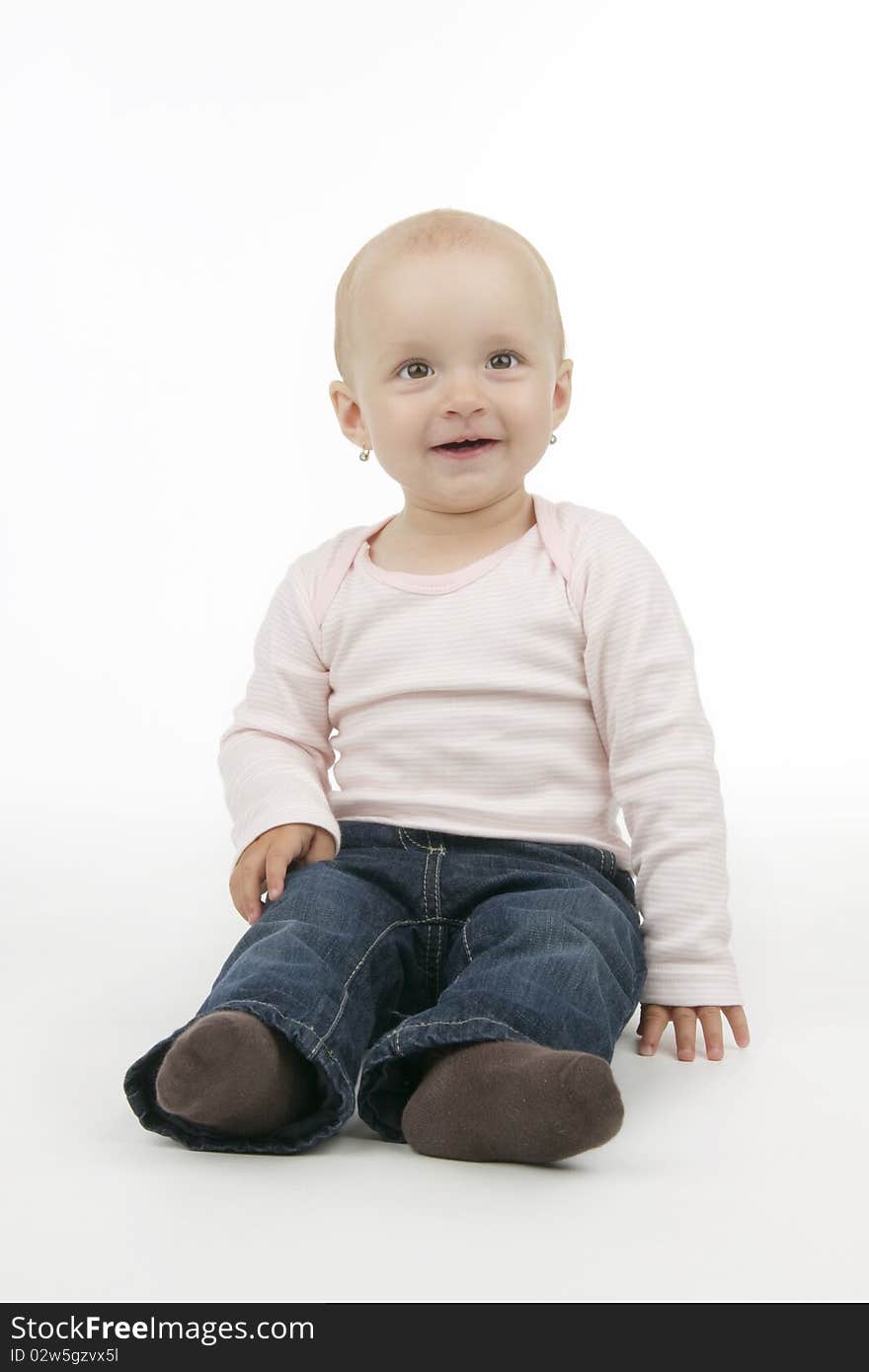 Infant sit, on white background.