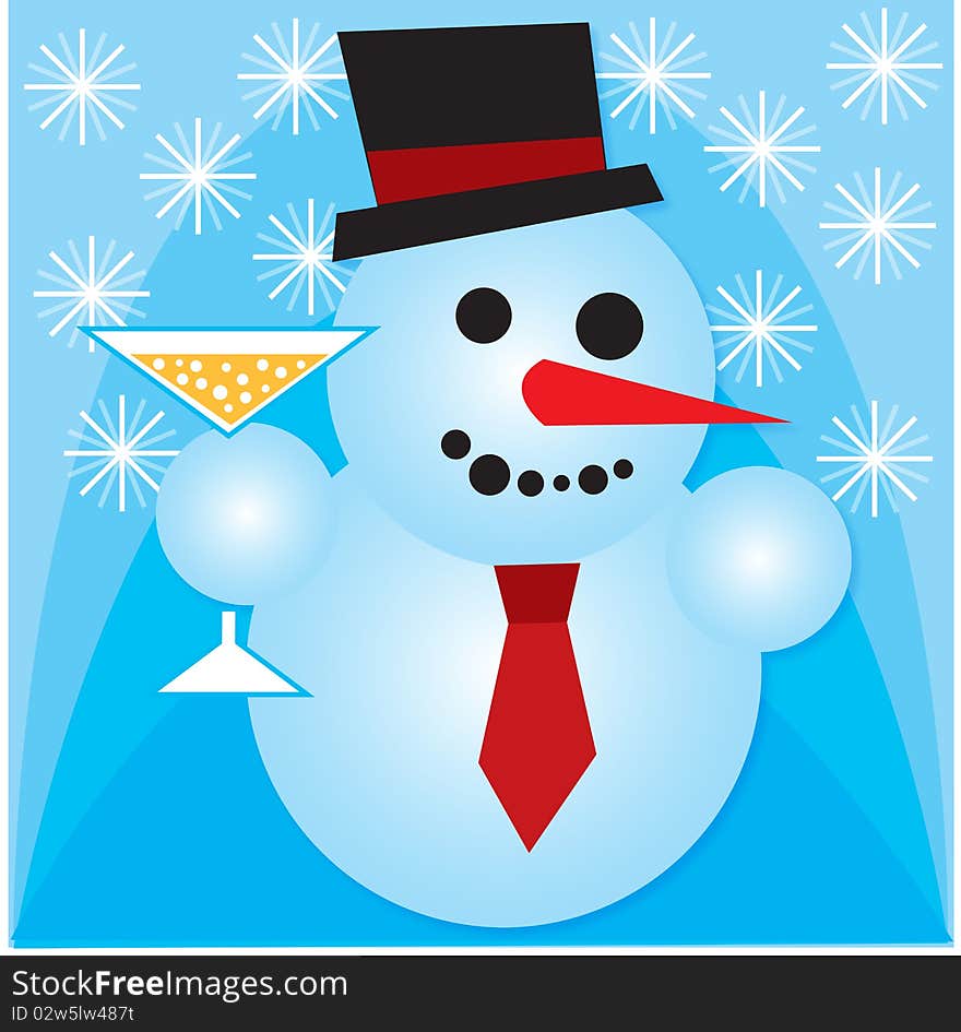 Celebrating snowman on blue background.  image