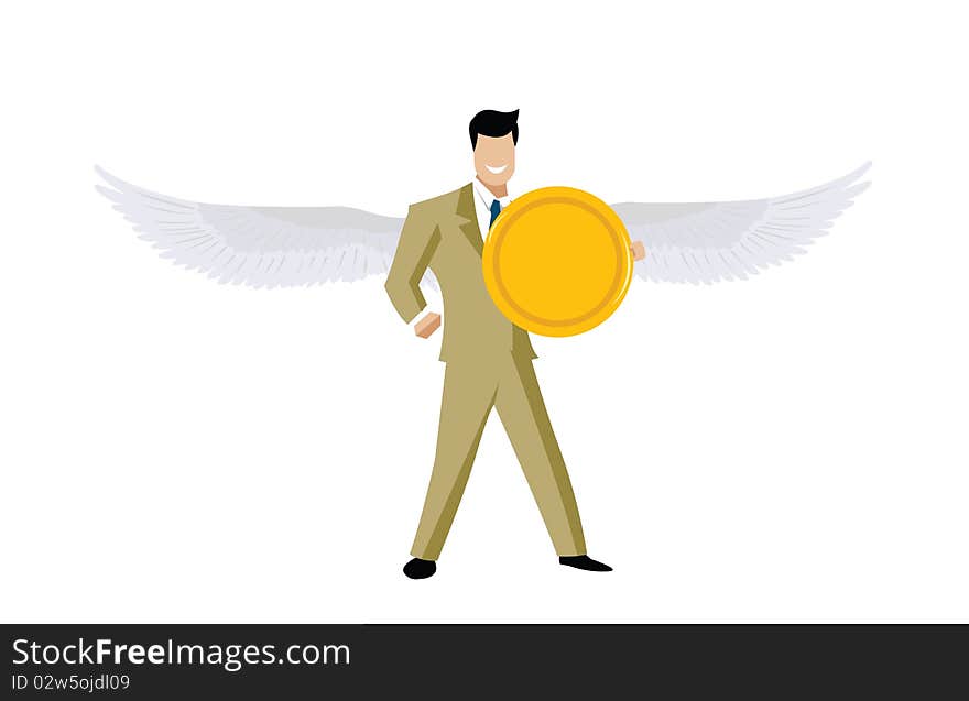 Business angel flying with a coin. Business angel flying with a coin