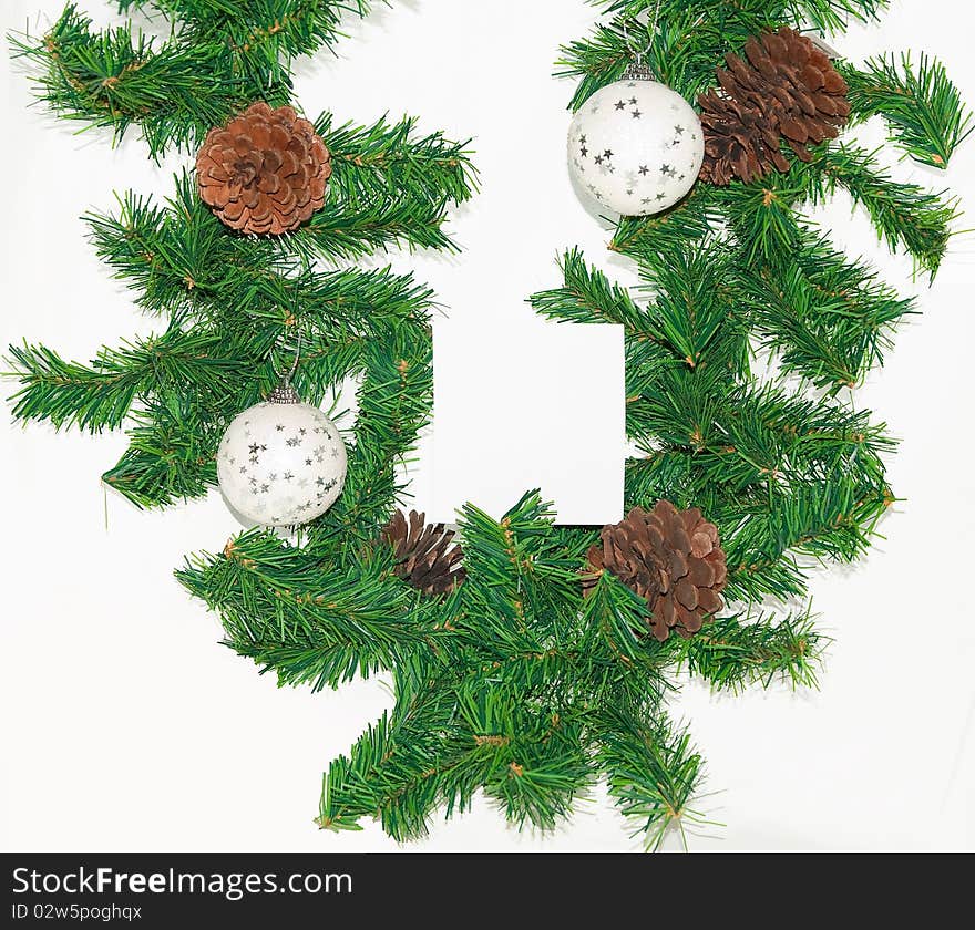 Spruce branches with Christmas balls on white background. //. Spruce branches with Christmas balls on white background. //