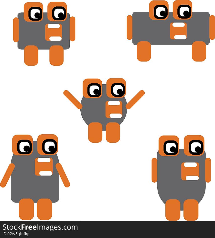 Five robots in different poses in orange and grey color, ideal for t-shirt design. Five robots in different poses in orange and grey color, ideal for t-shirt design