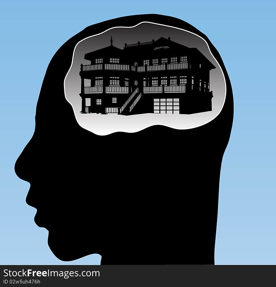 Vector illustration of house in head. Vector illustration of house in head