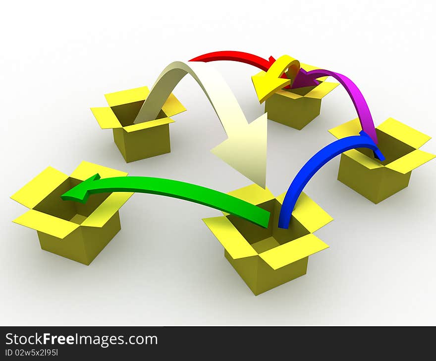 3d image of arrows jumping from box to box. 3d image of arrows jumping from box to box