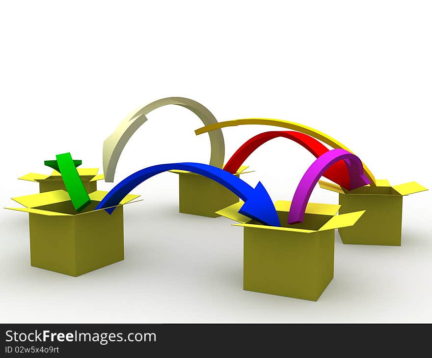 3d image of arrows jumping from box to box. 3d image of arrows jumping from box to box