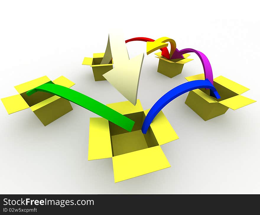 3d image of arrows jumping from box to box. 3d image of arrows jumping from box to box