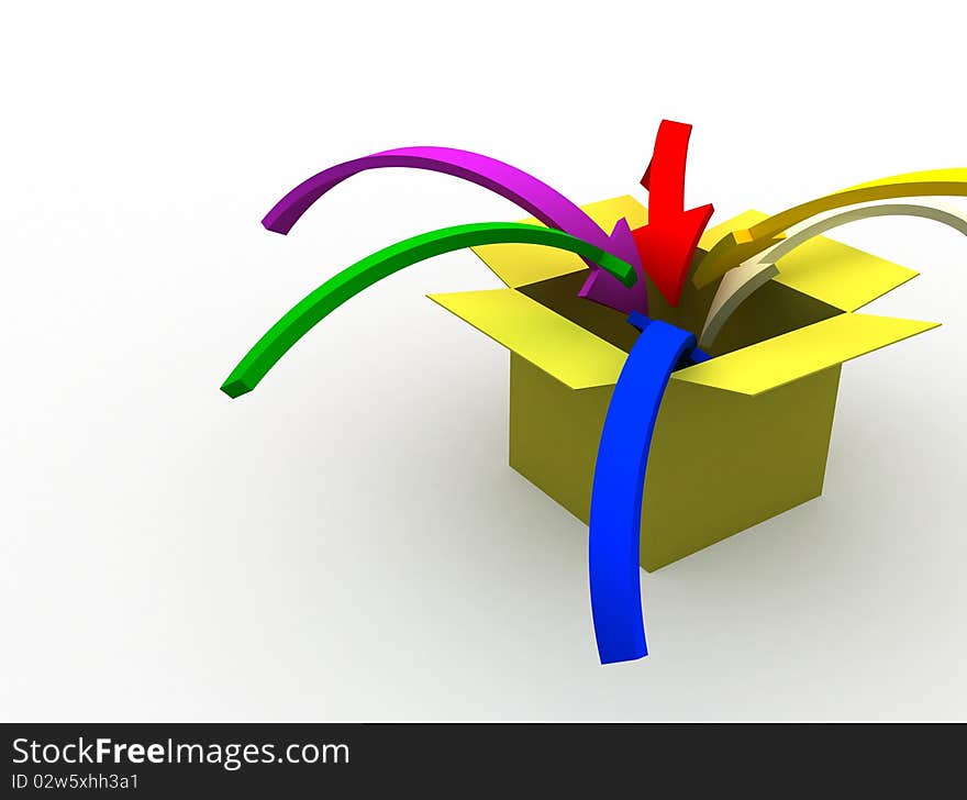 3d image of colorful arrows jumping into the box