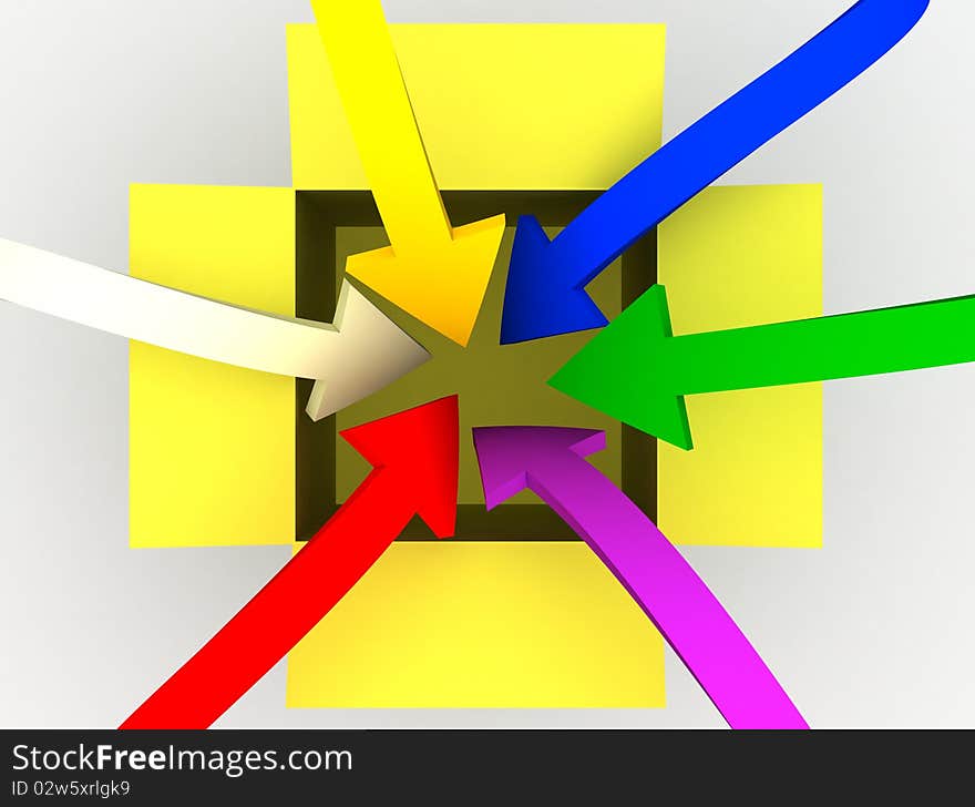 3d image of colorful arrows jumping into the box