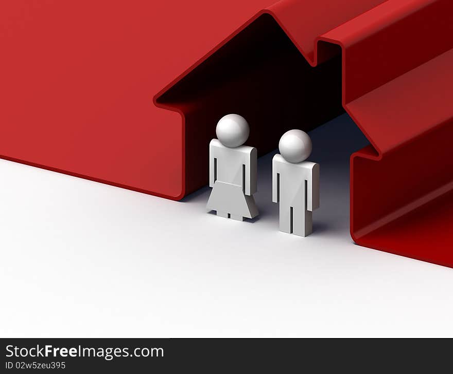 3d render of a couple standing in front of their house. 3d render of a couple standing in front of their house