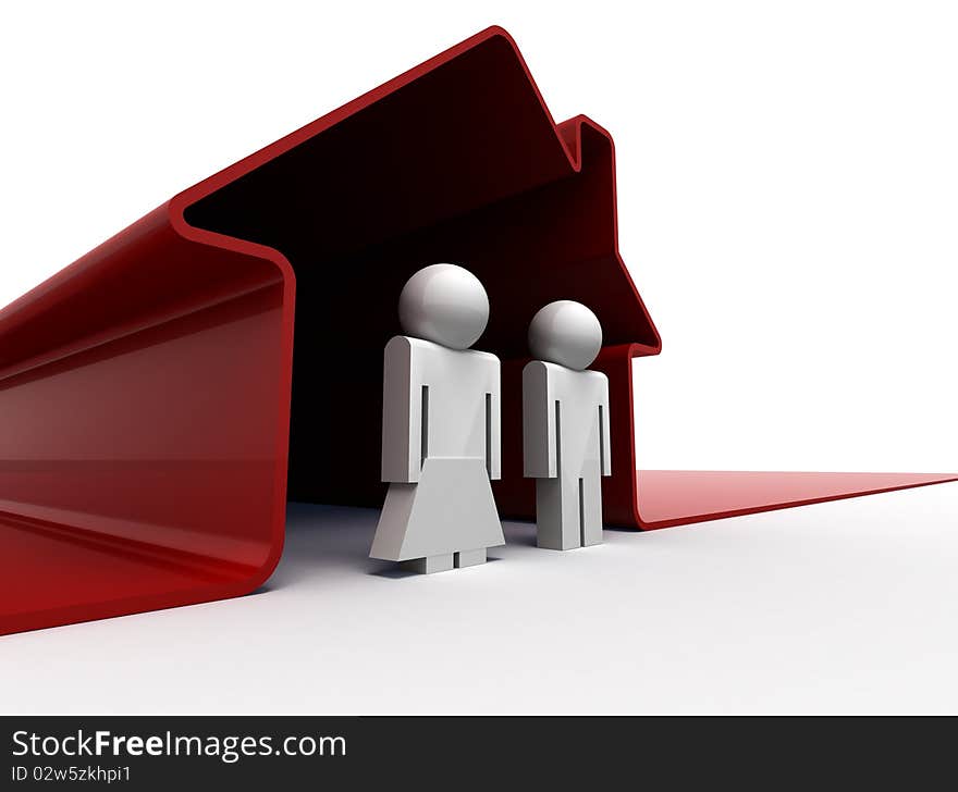 3d render of a couple standing in front of their house. 3d render of a couple standing in front of their house