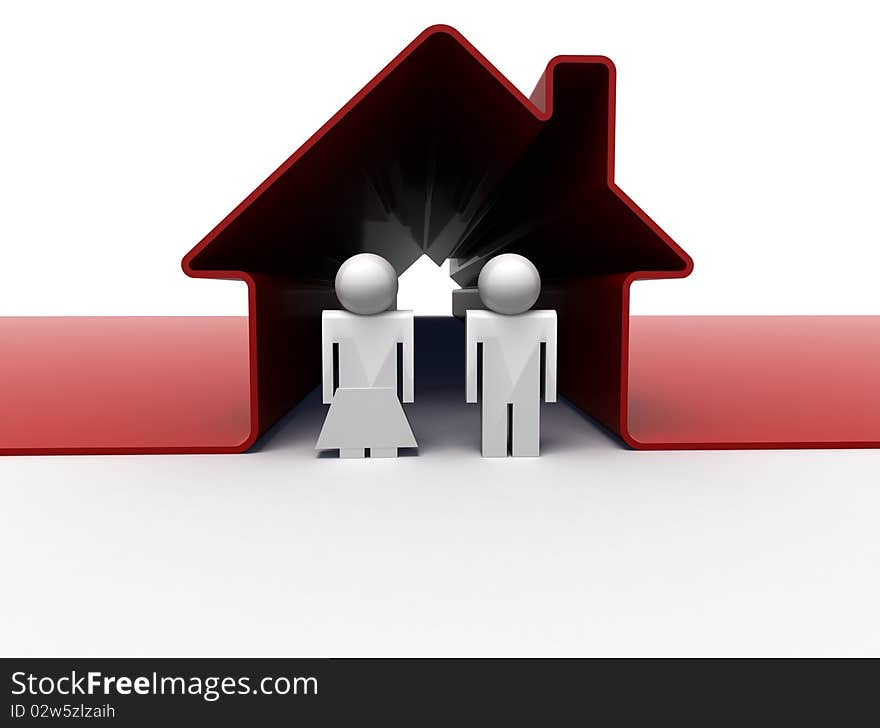 3d render of a couple standing in front of their house. 3d render of a couple standing in front of their house