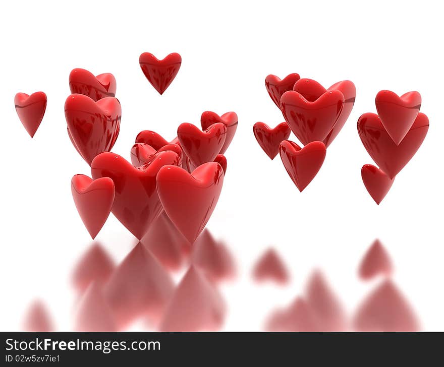 3D render of many red velvet hearts. High resolution, high quality background perfect for greeting cards.