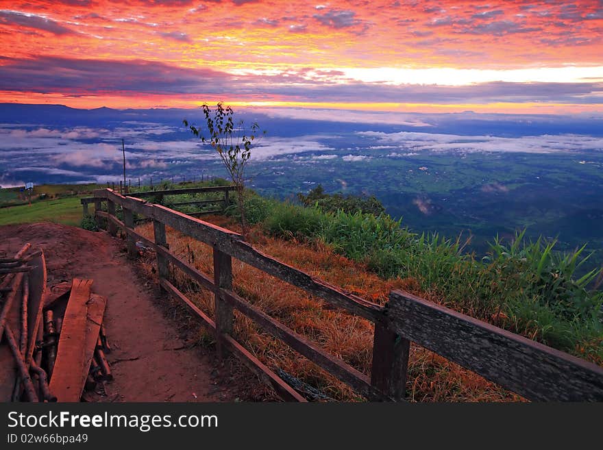 Viewpoint with fence and beautiful sky sunrise