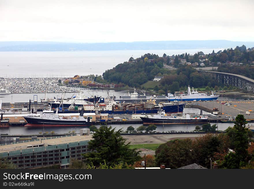 Fishing boats moored at a fishing plant Seattle WA