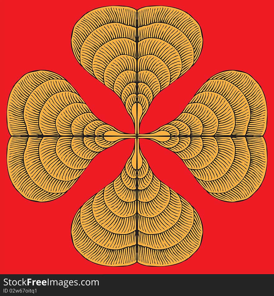 Four leaves clover cross drawing gold on red