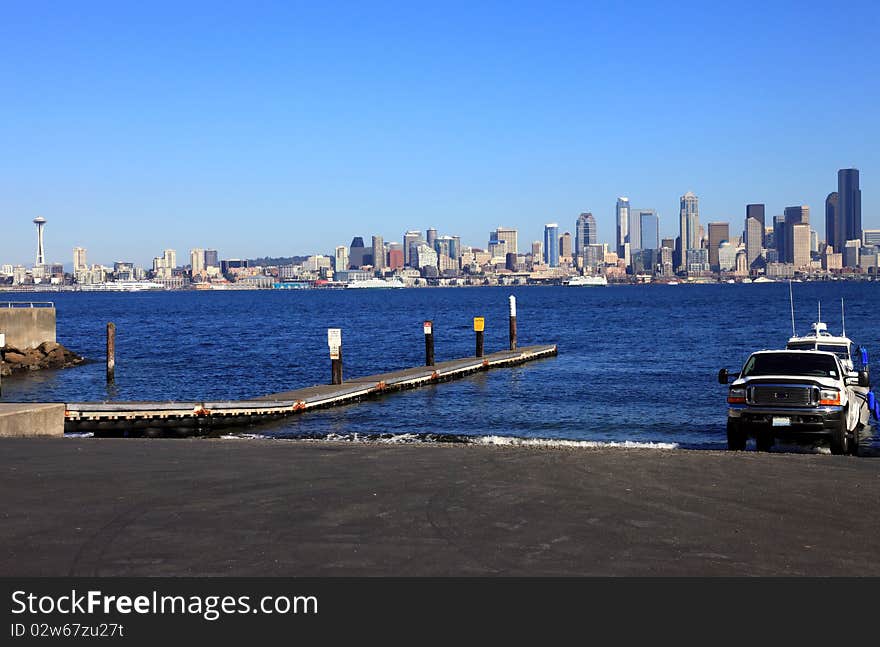 Boat Ramp And Skyline, Seattle Washington.