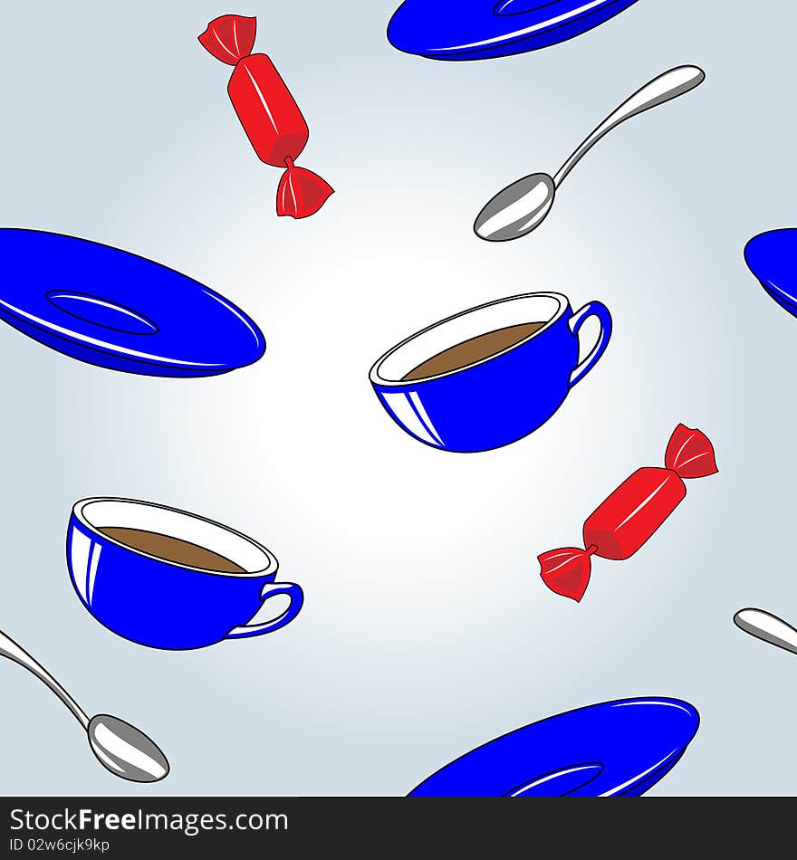 Seamless pattern of cups, saucers, spoons and sweets