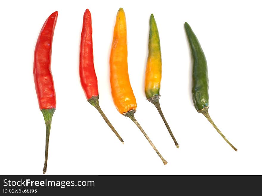 Multicoloured chili peppers isolated on white