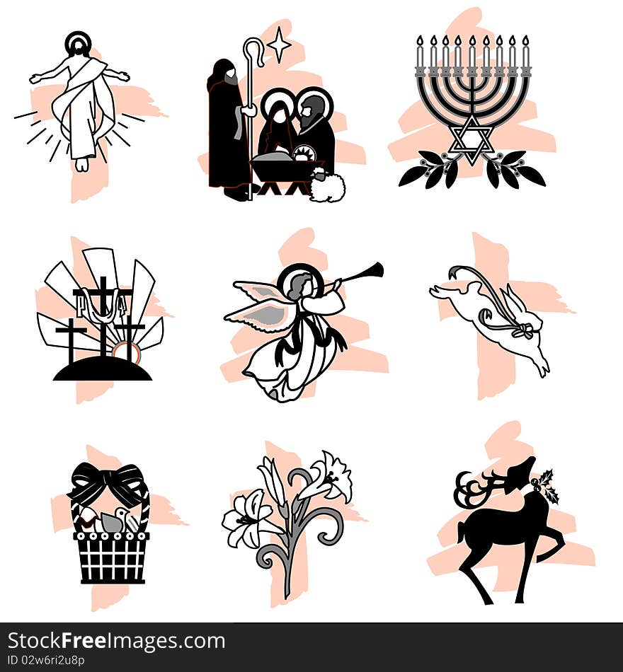 A set of 9 illustrated, stylized religious Sacred Christmas icon