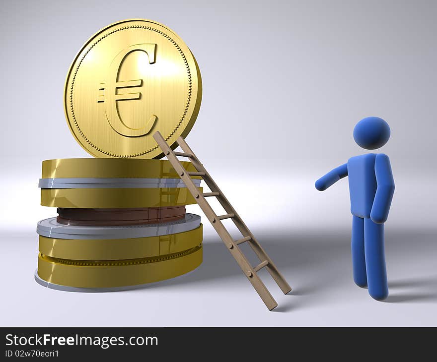 3D figure reaching the dollar using a ladder. 3D figure reaching the dollar using a ladder