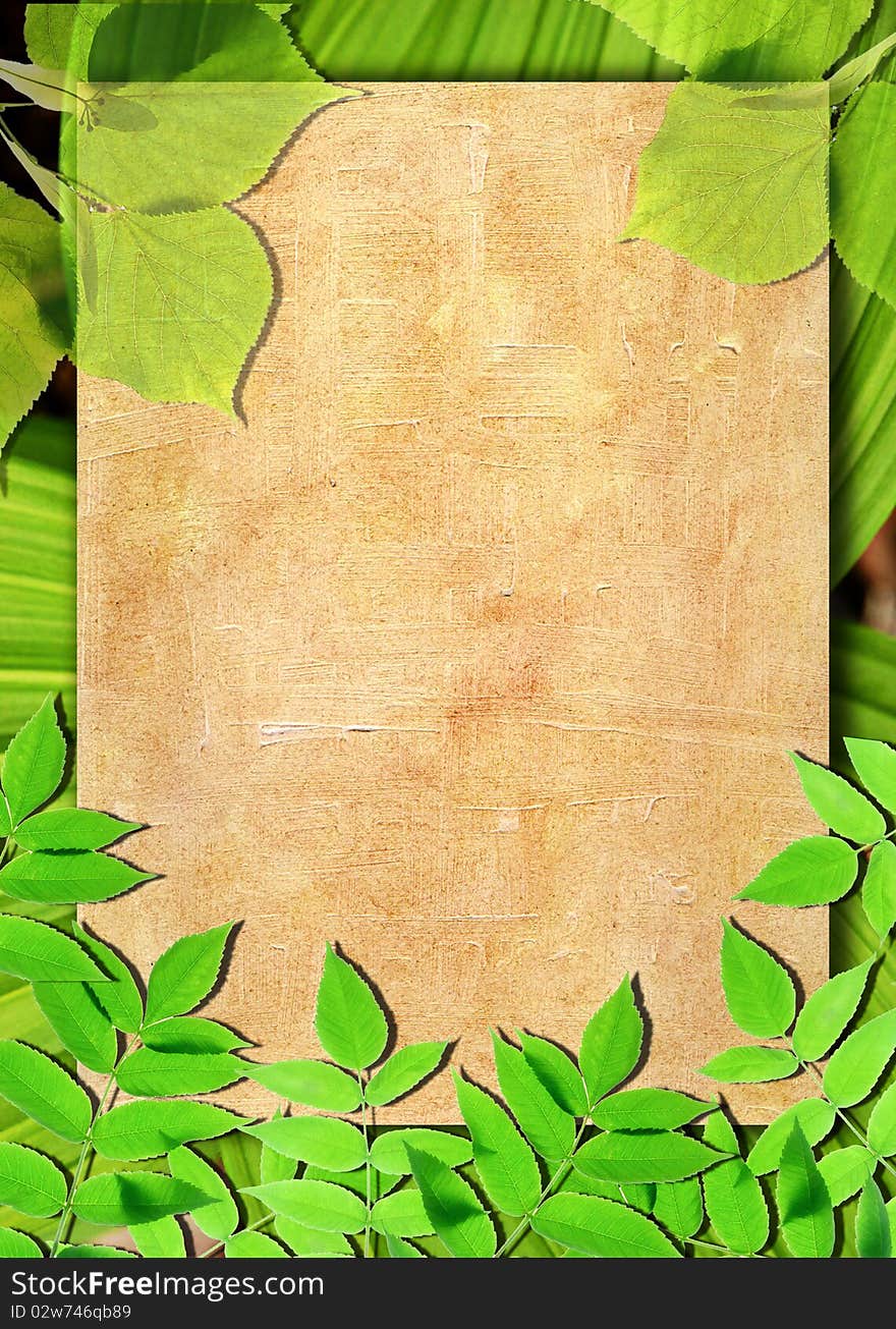 Lined paper framed by natural green leaves background. Lined paper framed by natural green leaves background