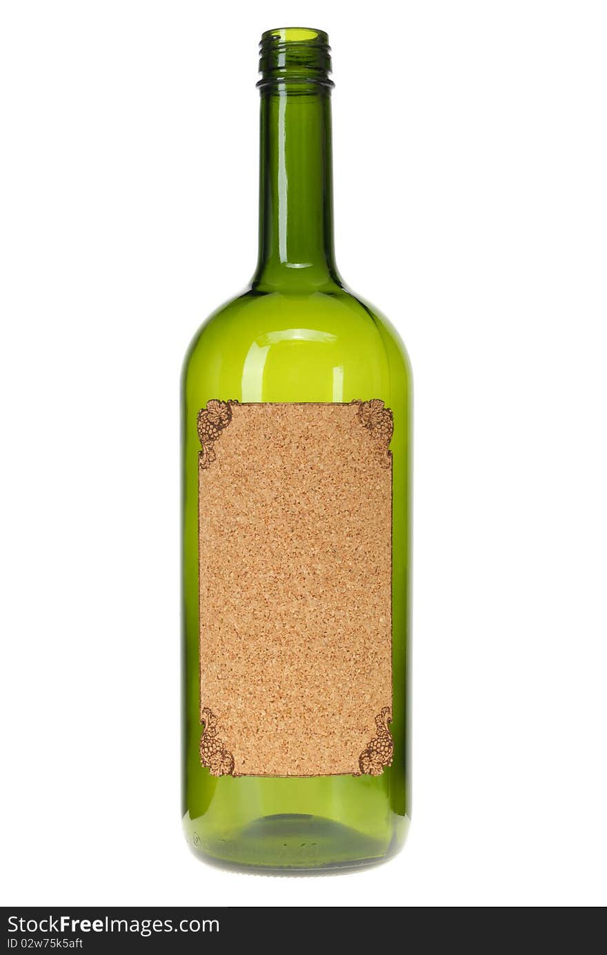 An empty bottle of wine with a label  on white background