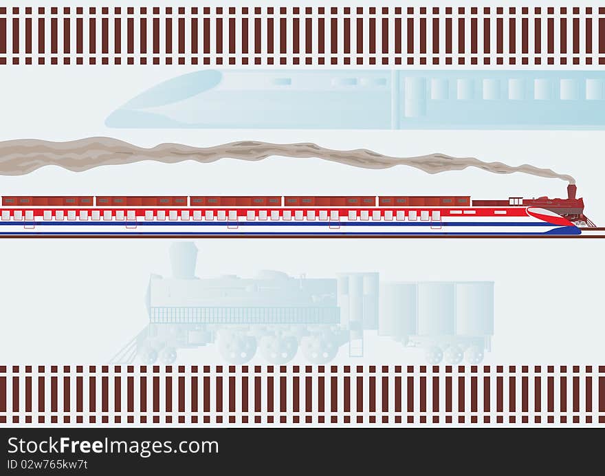 Old freight locomotive and a modern passenger express train speeding along the rails. Old freight locomotive and a modern passenger express train speeding along the rails.