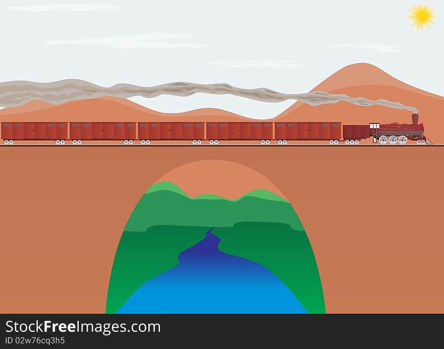 Transport railways. Composition of goods wagons pulled an old locomotive.