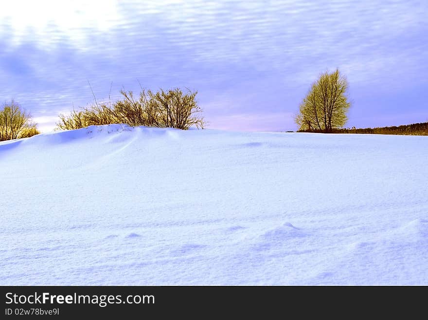 Winter landscape of snow-drift in February