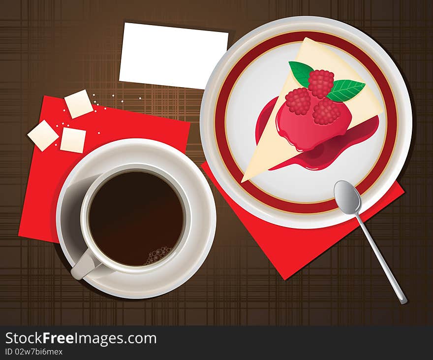 Vector illustration of cup of coffee and cheesecake.