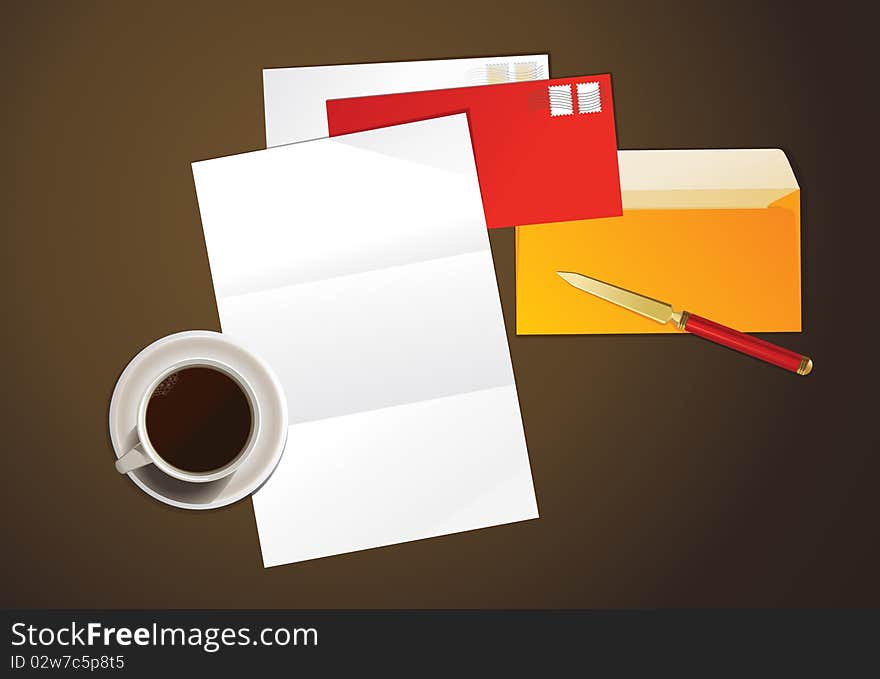 Vector illustration of a letter and cup of coffee.