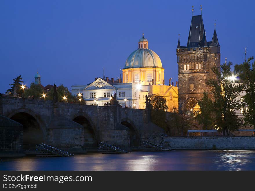 Czech Republic, Prague, Charles Bridge with illuminated. Czech Republic, Prague, Charles Bridge with illuminated