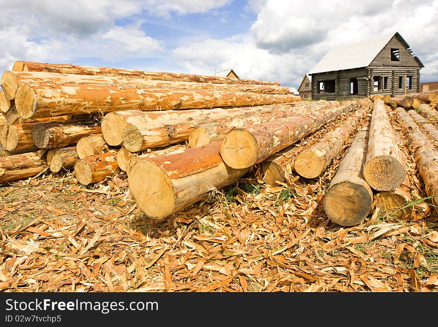 Woodpile in field and house, built the house