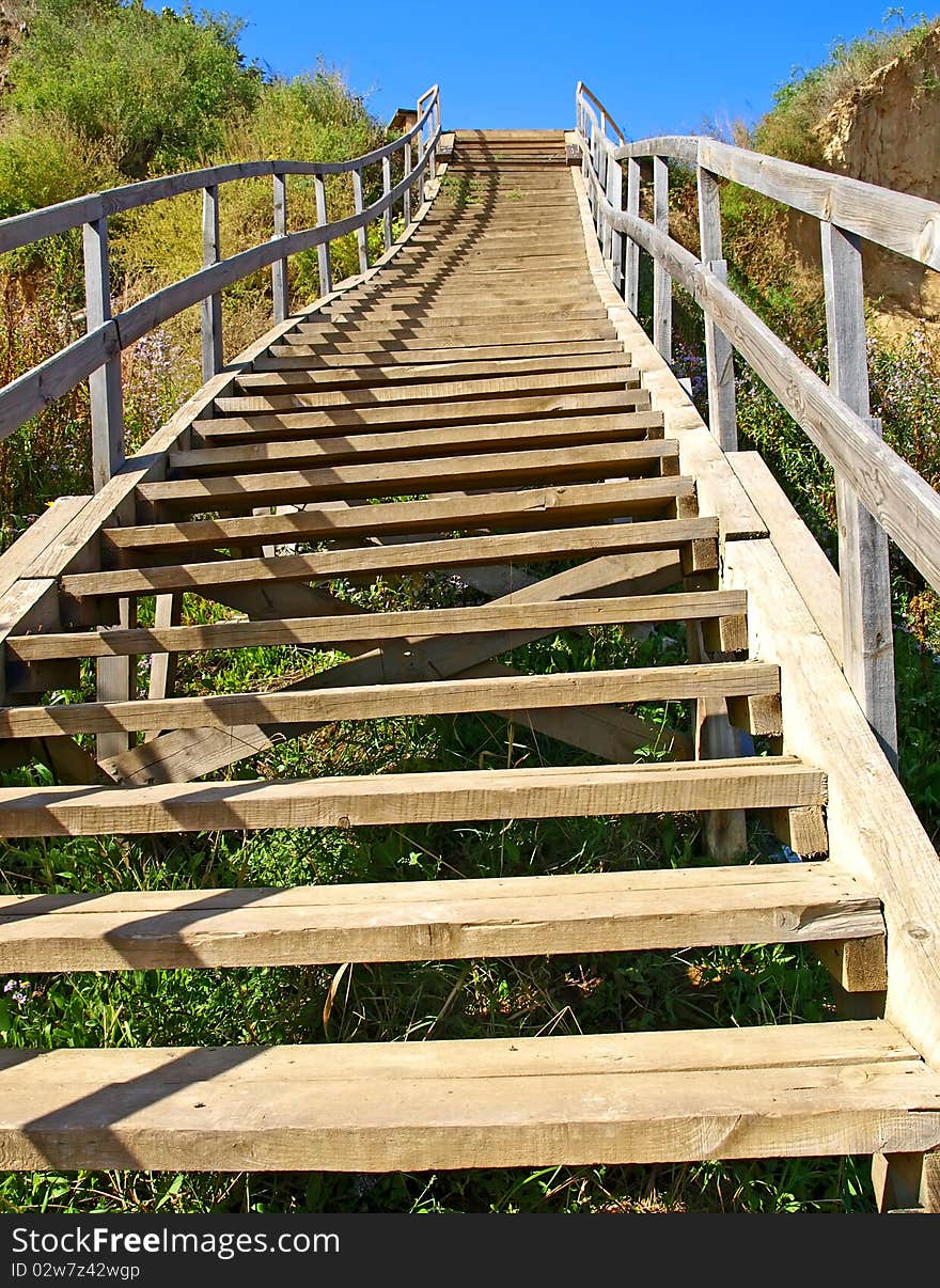 A long wooden staircase