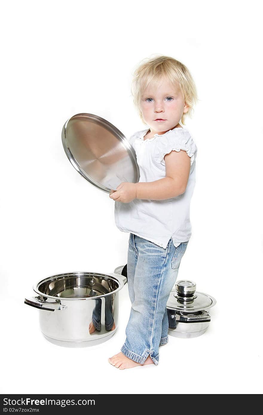 Studio shot of young cute girl with pots, isolated over white