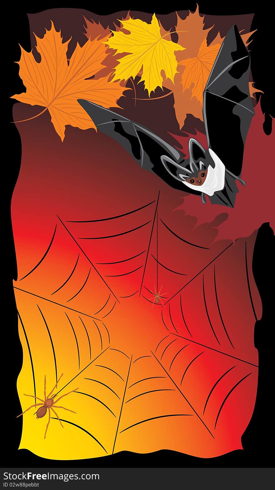 Bat with maple leaves and spiders. Halloween banner. Illustration