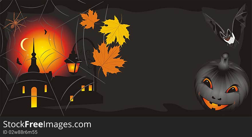 Pumpkin with maple leaves and bat. Halloween banner. Illustration