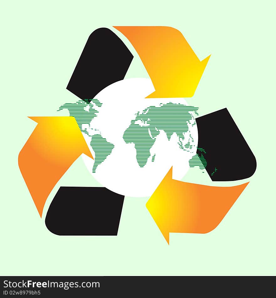 Am image showing the world with a globe shape behind encircled by three recycle colored arrows for the concept of recycle the earth. This image is for the concept of save the earth recycle cardboard, paper, glass, plastic and food stuff. Am image showing the world with a globe shape behind encircled by three recycle colored arrows for the concept of recycle the earth. This image is for the concept of save the earth recycle cardboard, paper, glass, plastic and food stuff