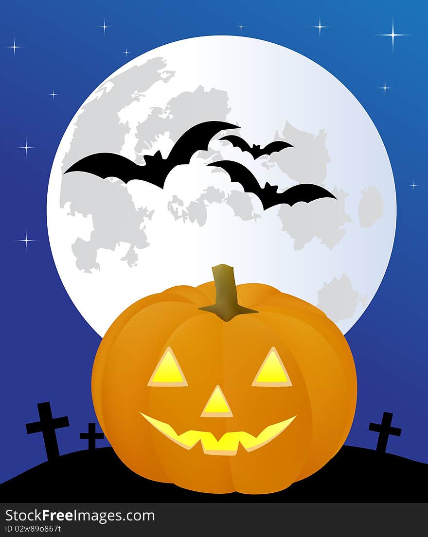 Illustration of the full moon with the bats and pumpkin. Illustration of the full moon with the bats and pumpkin