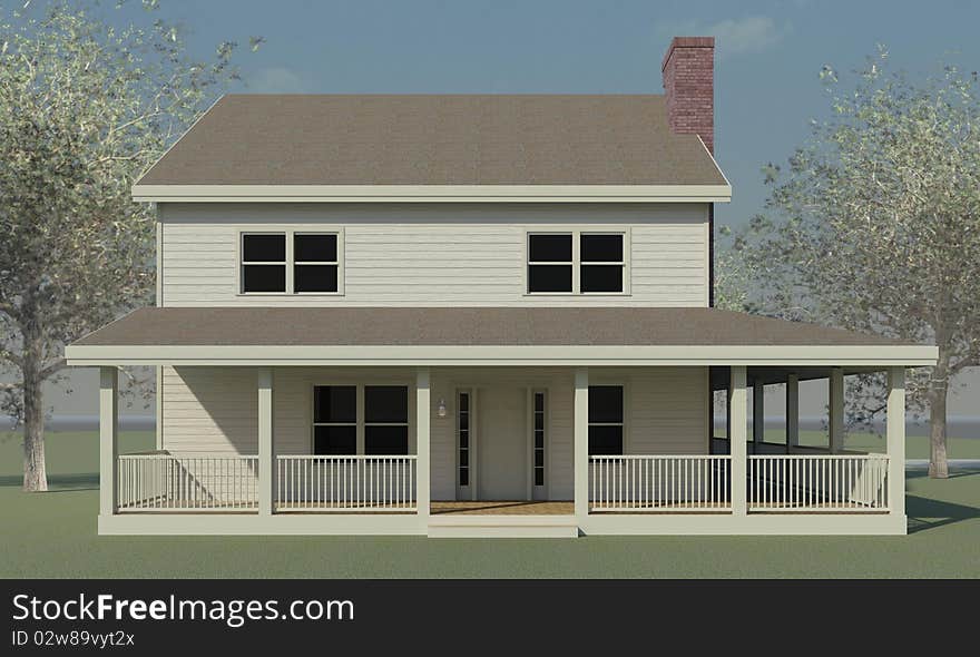 3d Rendering of a farmhouse with trees. 3d Rendering of a farmhouse with trees