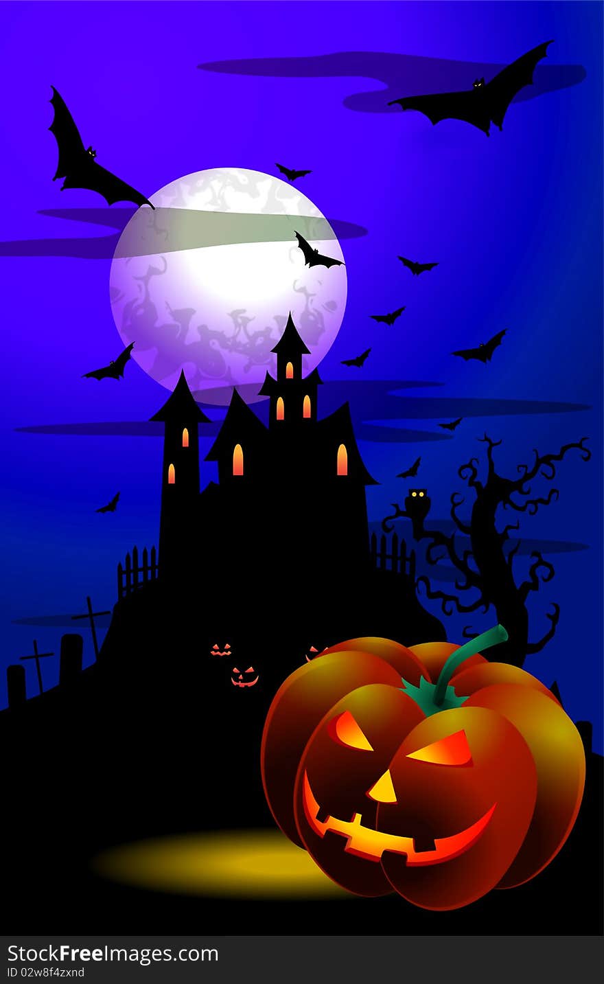 Illustration of scary  halloween night with bat, moon, grave, pumpkin. Illustration of scary  halloween night with bat, moon, grave, pumpkin