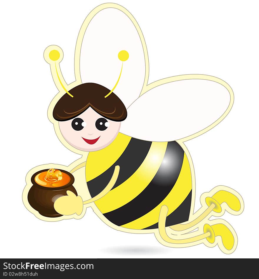 Illustration, bee with pot of the honey on white background