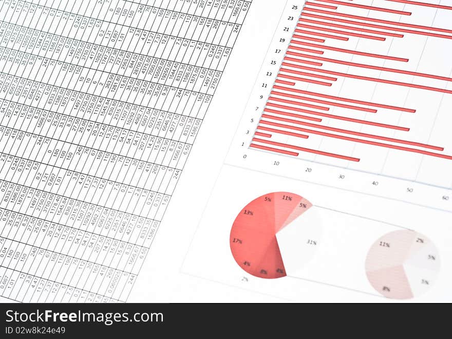 Business still-life with red diagrams, charts and numbers. Business still-life with red diagrams, charts and numbers