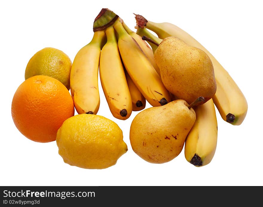 Yellow fruit: banana, orange, pear and lemon. Isolated on white background