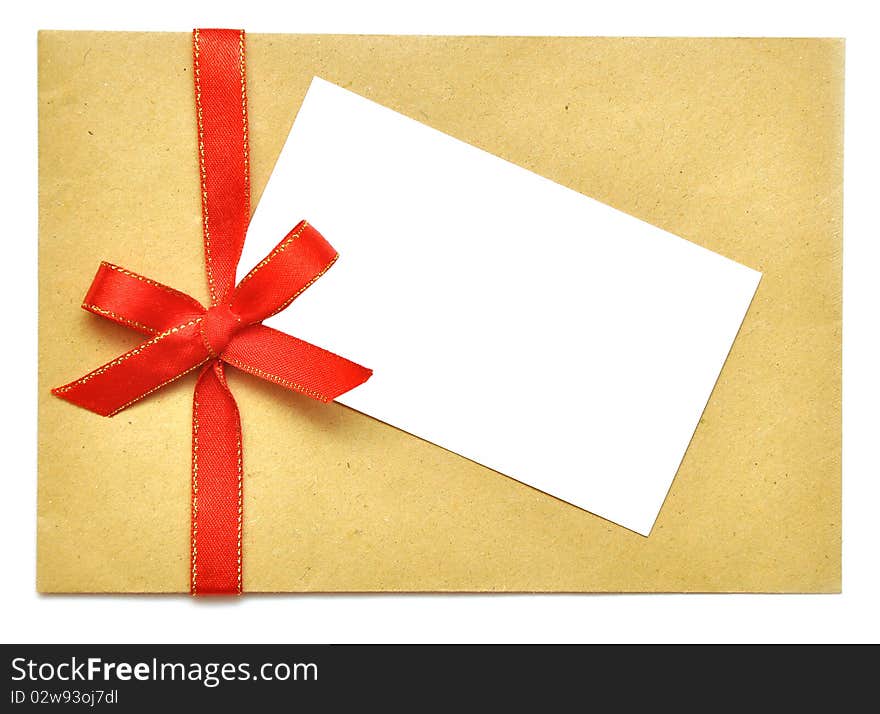 Letter with red ribbon isolated on white background