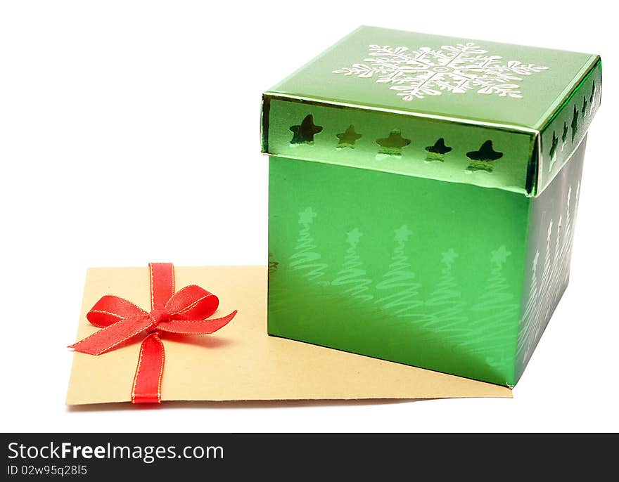 Box for gifts and envelop at christmas on a white background