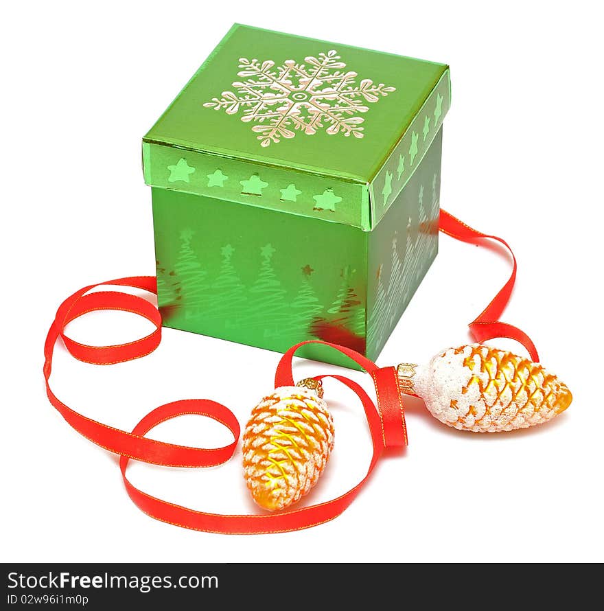 Box for gifts and christmas decoration on a white background