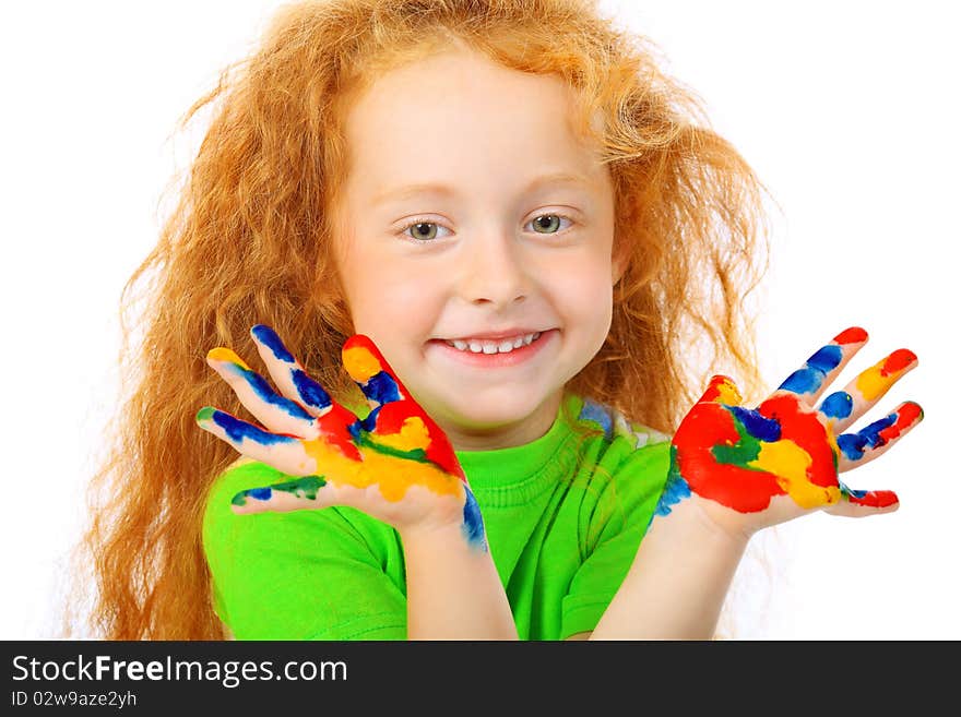 Portrait of a cute girl enjoying her painting. Education. Isolated over white background. Portrait of a cute girl enjoying her painting. Education. Isolated over white background.